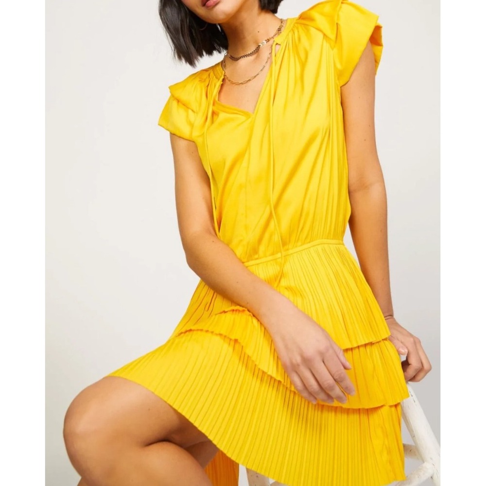 Current Air Yellow Ruffle Sleeve Tiered Pleated V Neck Mini‎ Dress Size S
